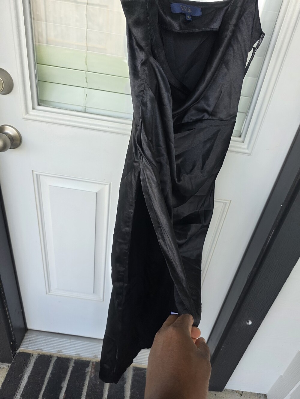 Rachel Roy Black Satin Dress Size L Midi Slip Cowl Neck Spaghetti Strap Evening - Picture 7 of 9